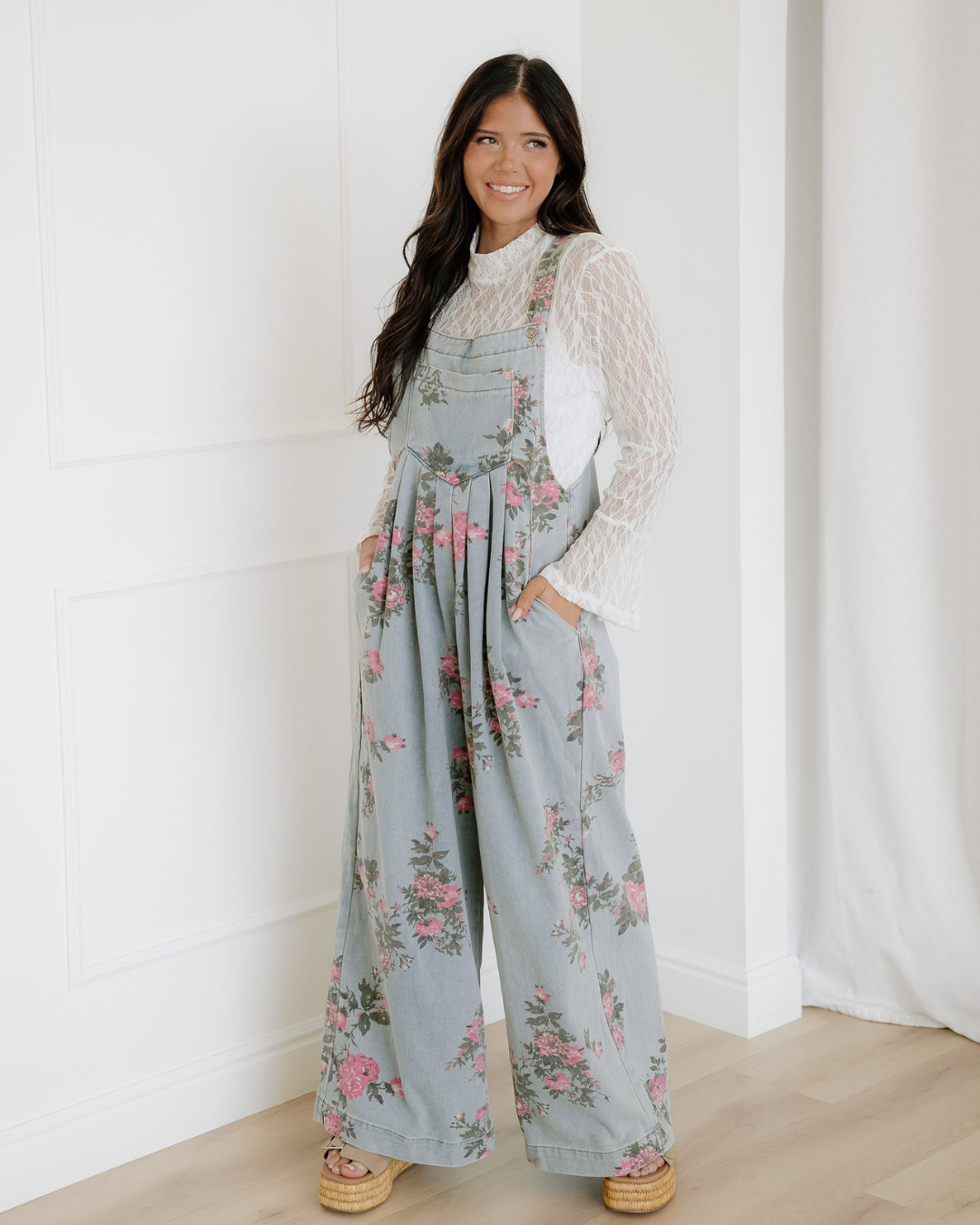 Scottie Floral Print Pleated High Waist Wide Leg Denim Jumpsuit