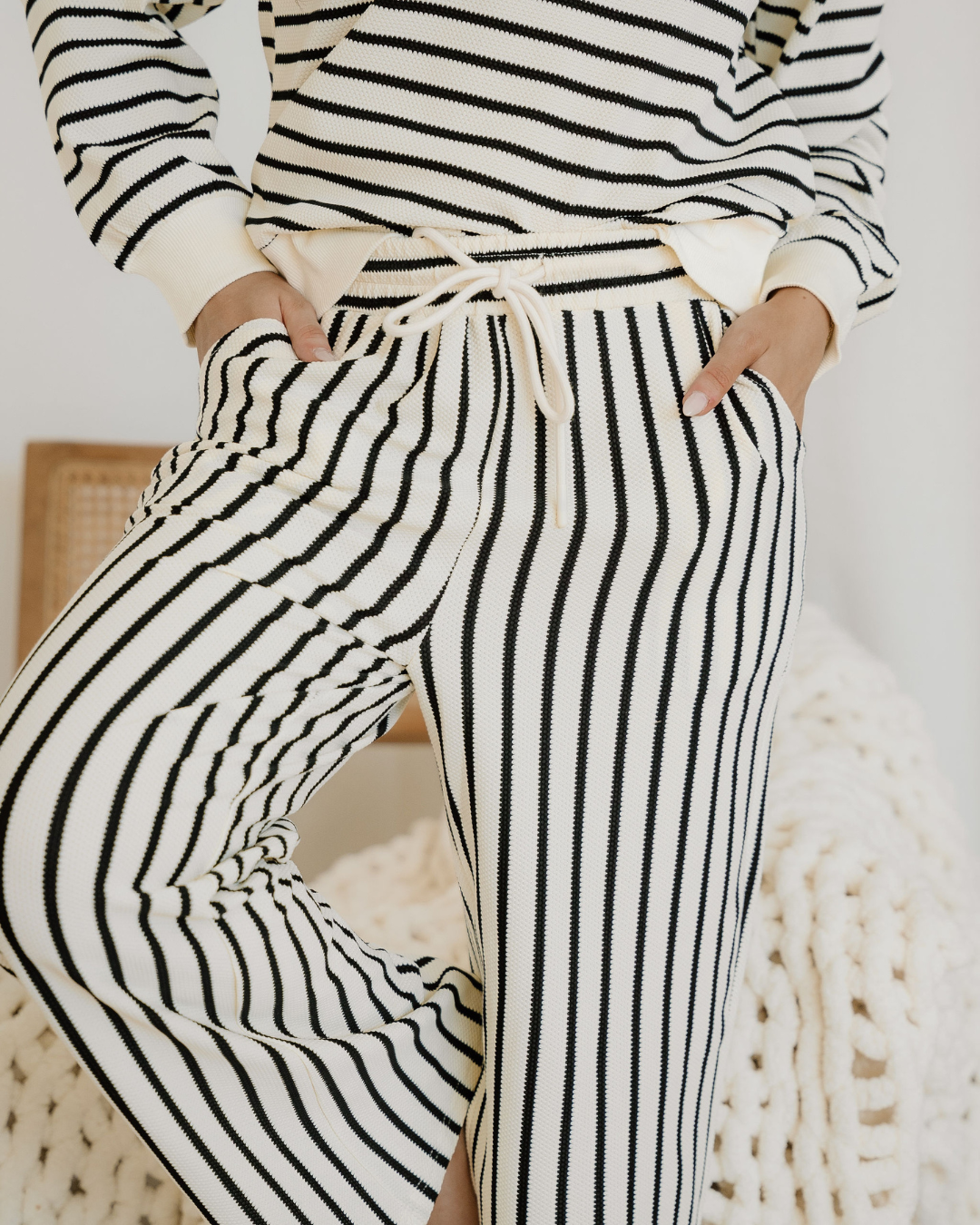 Talia Ruffle Trim Drop Shoulder Top Drawstring Loose Pant Set - Cream