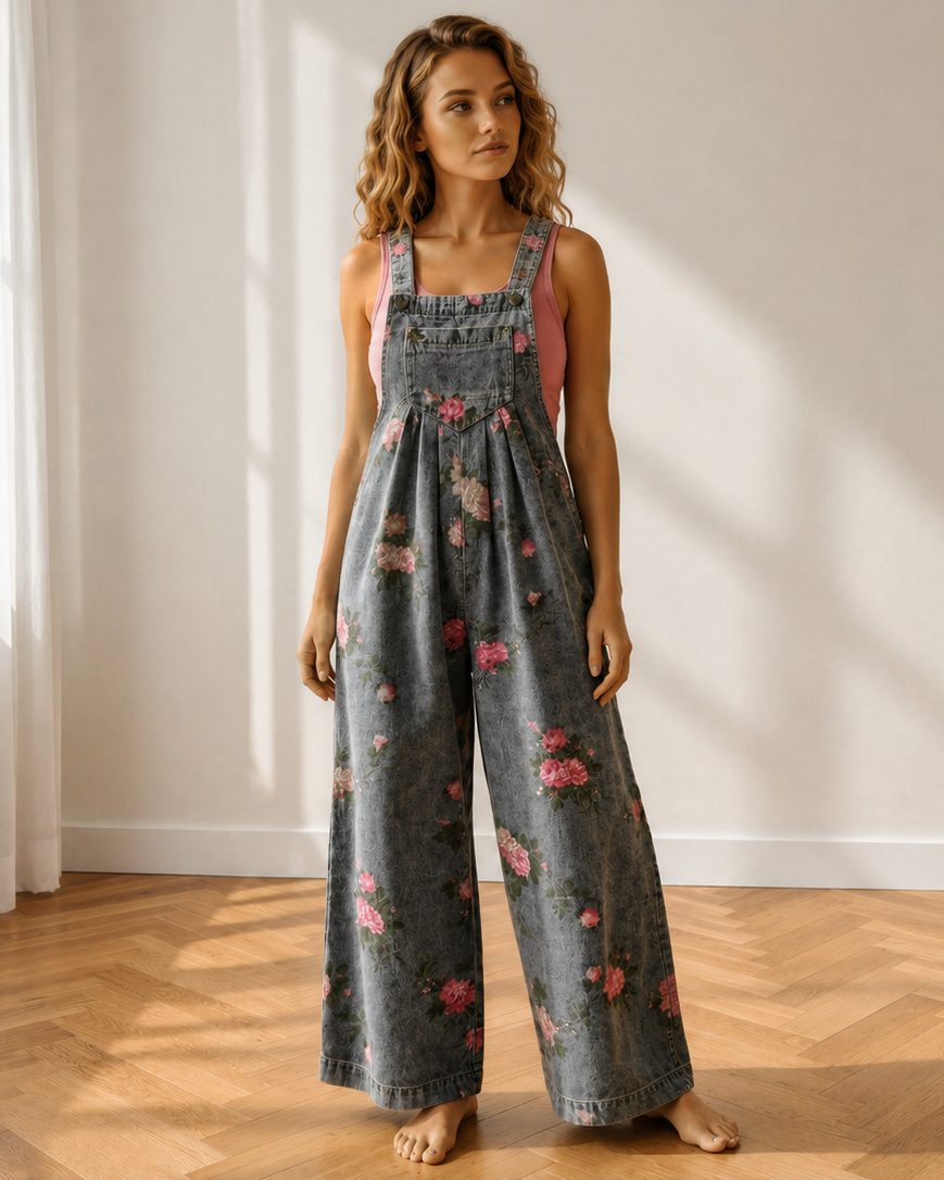 Scottie Floral Print Pleated High Waist Wide Leg Denim Jumpsuit