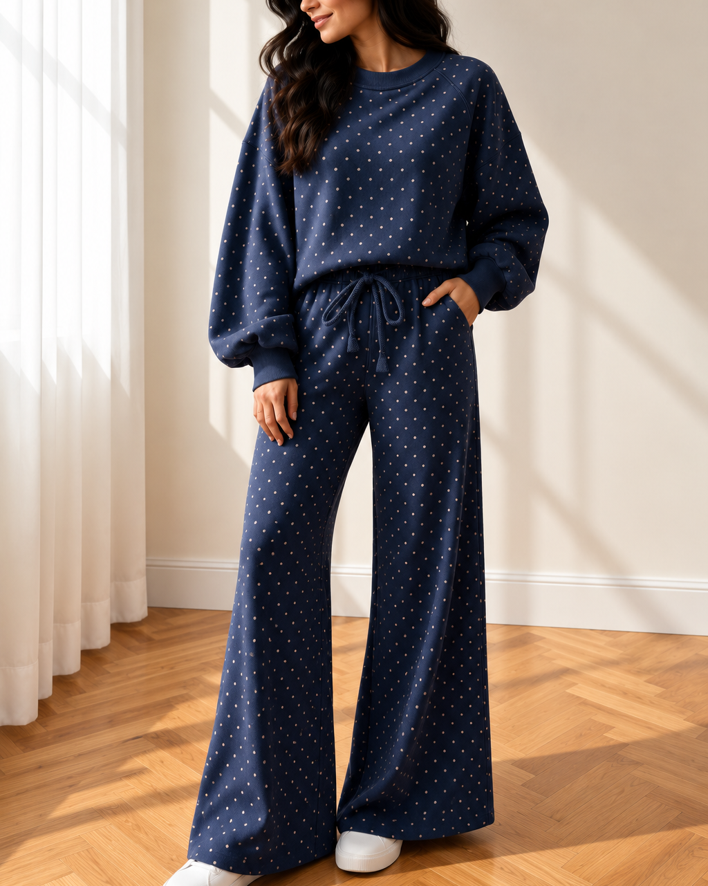 Jane Polka Dot Drawstring Wide Leg Long Sleeve Top Pant Set