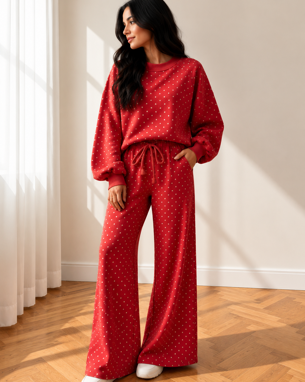 Jane Polka Dot Drawstring Wide Leg Long Sleeve Top Pant Set
