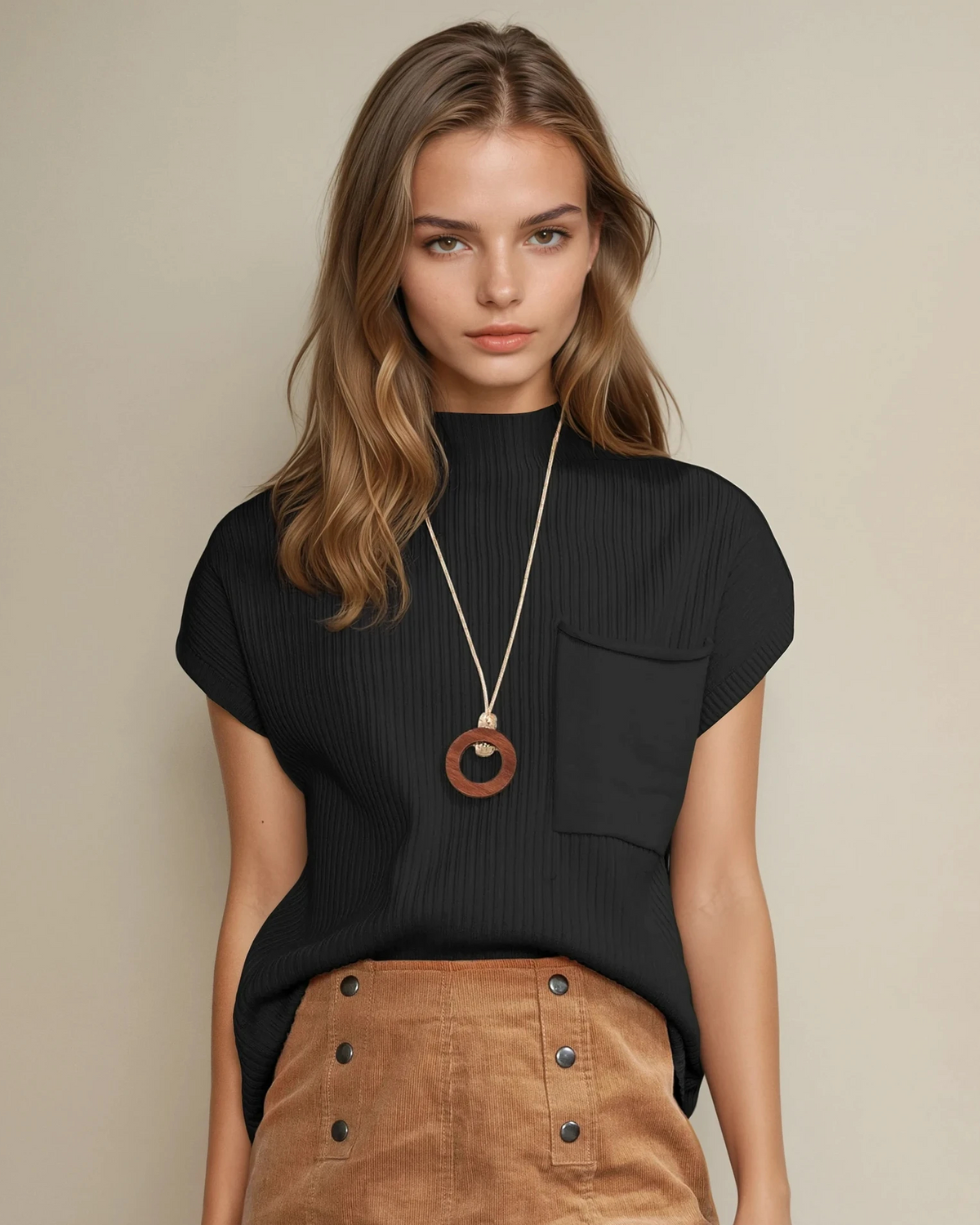 Mya Pocket Ribbed Knit Short Sleeve Sweater