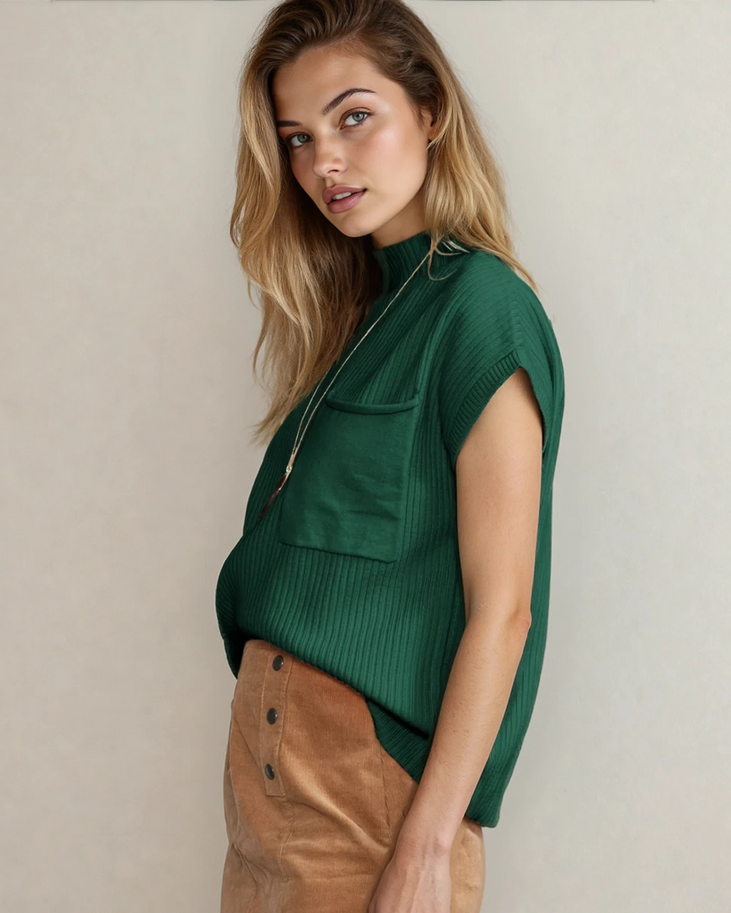 Mya Pocket Ribbed Knit Short Sleeve Sweater