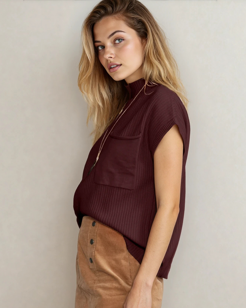 Mya Pocket Ribbed Knit Short Sleeve Sweater