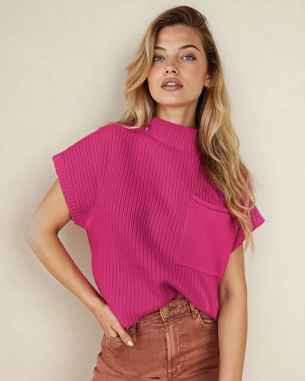 Mya Pocket Ribbed Knit Short Sleeve Sweater