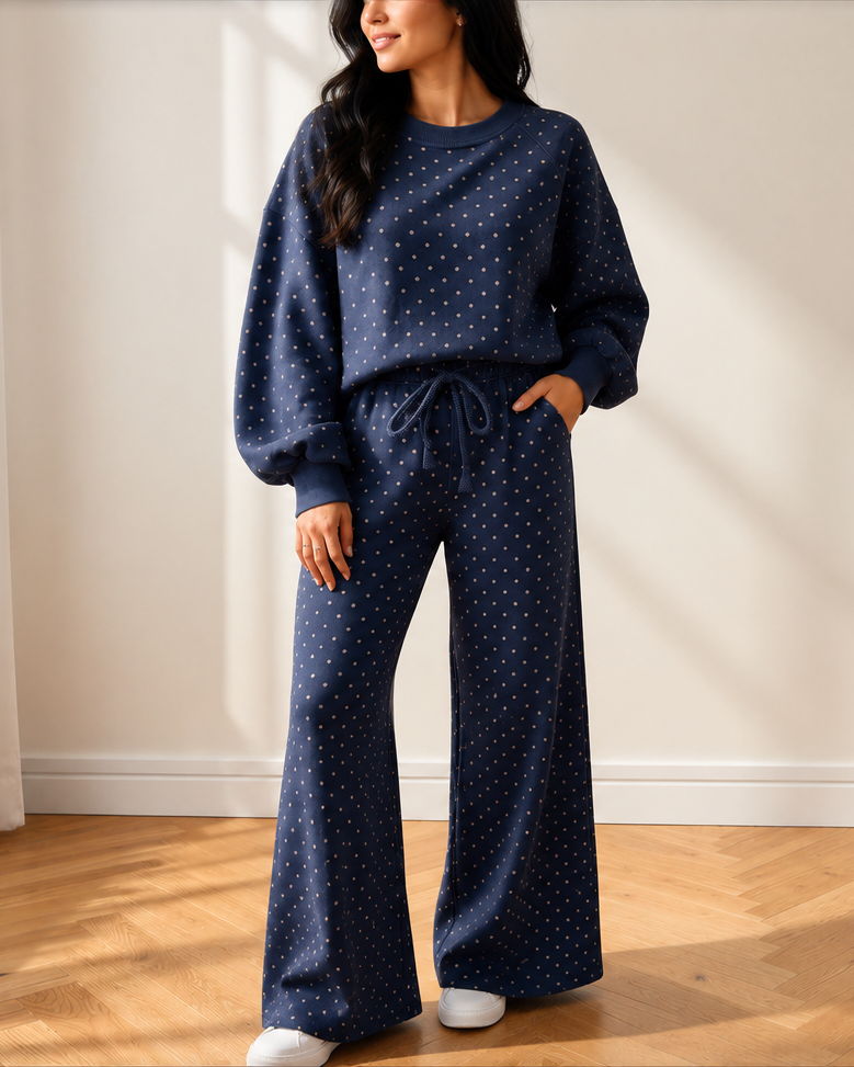 Jane Polka Dot Drawstring Wide Leg Long Sleeve Top Pant Set