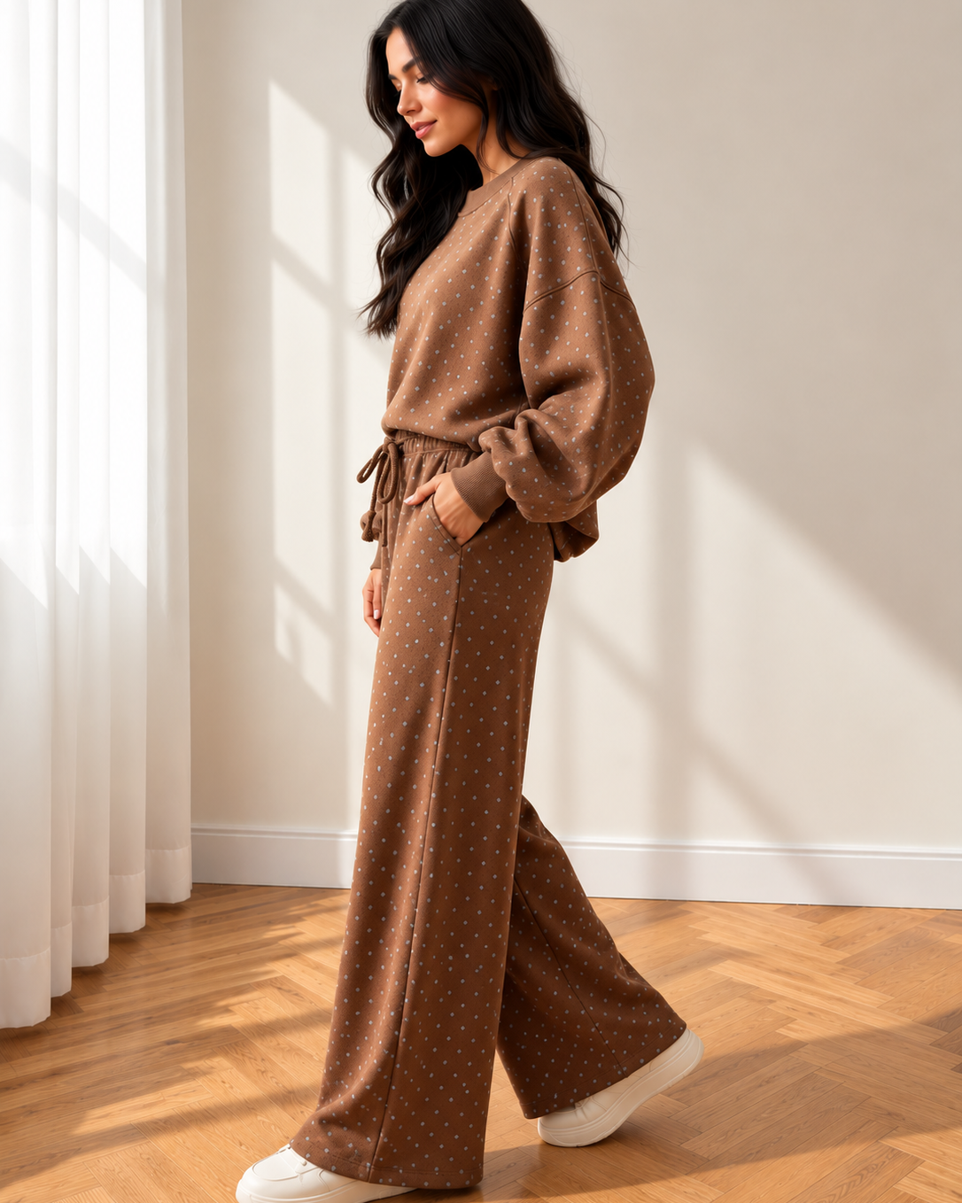 Jane Polka Dot Drawstring Wide Leg Long Sleeve Top Pant Set
